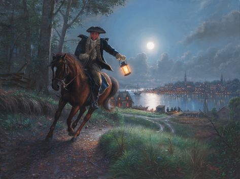 Paul Revere headed out in the darkness to warn John Hancock (distant grandfather of mine) that the British were coming by sea to confiscate the colonists arms. Paul Revere's Ride, Mark Art, Patriotic Pictures, John Hancock, Paul Revere, History Nerd, Freedom Of Speech, Historical Facts, Horse Painting