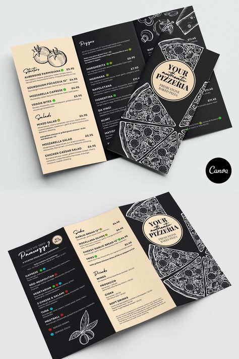 Transform your menu into a work of art with this Tri-Fold Pizzaria Menu Canva template. Elevate your design game today and make a lasting impression! 🎉 Create a stunning menu effortlessly with this Tri-Fold Pizzaria Menu Canva template! This easy-to-use template is perfect for promoting your restaurant’s offering, whether you're a marketing coordinator or office angel rushed off your feet or a super busy restaurant owner. #menudesign #pizzeriamenu #canvamenu #menudesigns Menu For Restaurant, Photo Menu Design, Menu Format Design, Folding Menu Design, Menu Design Restaurant, Menu Brochure Design, Takeout Menu Design, Cafe Menu Design Layout, Menu Brochure