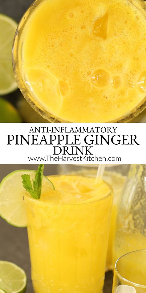 This Pineapple Ginger Cleansing Juice is an easy pineapple juice recipe to pull together.  It's a delicious blend of fresh organic pineapple, ginger root, turmeric root and lime. This is a great little detox juice cleanse that's loaded with anti-inflammatory, digestive-boosting and liver cleansing properties. Pineapple Juice Recipes, Fresh Juice Recipes, Pineapple Ginger, Healthy Juicer Recipes, Detox Juice Cleanse, Juice Cleanse Recipes, Juice Smoothies Recipes, Ginger Drink, Juicy Juice