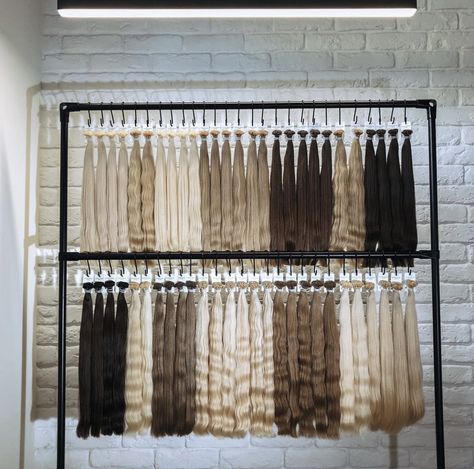 Hair Extensions Wall Display Ideas, Salon Hair Extension Wall, Hair Extension Salon Display, Hair Extensions Display Wall, Hair Extension Organization, Salon Hair Extensions, Hair Extension Display Rack, Hair Extension Display Wall, Hair Extensions Display Ideas