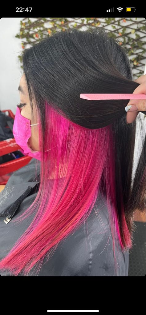 Neon Pink Peekaboo Hair, Hot Pink Hair Dye Ideas, Black Hair With Pink Peekaboos, Black Hair With Hot Pink Underneath, Black With Pink Underneath Hair, Black Hair Pink Underneath, Hot Pink Underneath Hair, Black And Hot Pink Hair, Black Hair With Pink Underneath