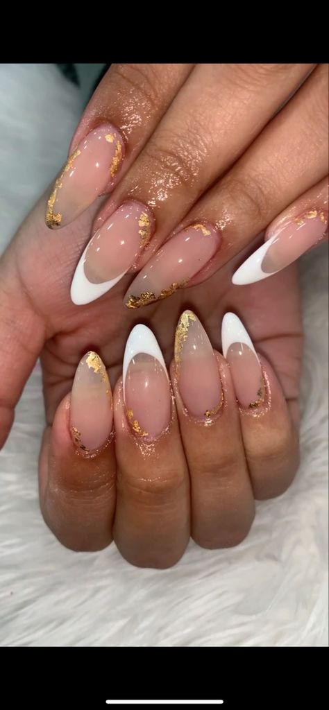 Gold Flake French Nails, Almond Gold Foil Nails, Gold Foil Nail Designs Almond, Oval Nails With Gold Flakes, Acrylic Nail Designs With Foil, Gold Flakes Almond Nails, Gold Flake Nails French Tip, Almond Foil Nails, White Almond Nails With Gold Design