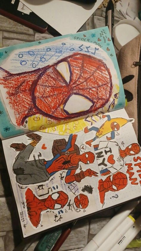 Creds to og artist (sorry idk who 😭😭) Spider Man Sketchbook Page, Last Sketchbook Page Ideas, Spiderman Journal Page, Red Sketchbook Page, Sketchbook Marker Drawings, Spiderman Sketchbook Page, Spider Man Sketchbook, Sketchbook Inspo Page, Spiderman Sketchbook