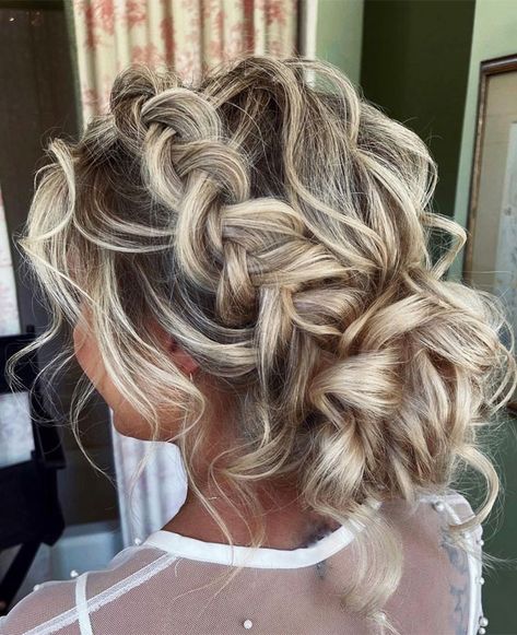 50+ Updo Hairstyles That're So Stylish : Chunky Braid Messy Bun Messy Volume Updo, Messy Upstyles For Long Hair, Birthday Updo Hairstyles, Wedding Hair Updo Messy, Updo Prom Hairstyles, Updo Hairstyles For Wedding, Braid Messy Bun, Cosmo Hair, Hairstyles For Long Hair Updo