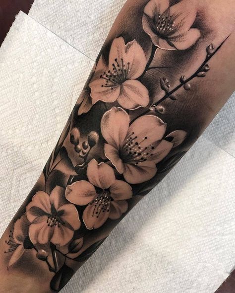 Dark Skin Sleeve Tattoo, Shaded Flowers Tattoo, Orchid Flower Tattoos Black And White, Cherry Blossom Black Tattoo, Flower Tattoos Shaded, Black And Grey Cherry Blossom Tattoo, Negative Space Floral Tattoo, Advance Black And Grey Tattoo, Flower Realism Tattoo