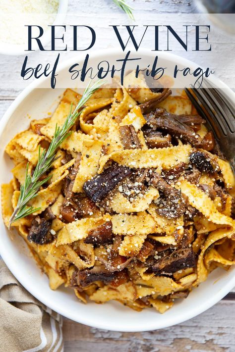 Braised for hours in flavorful red wine and lots of aromatics, this red wine beef short rib ragu features tender pappardelle noodles folded into a fall-apart tender short rib red wine sauce. Red Wine Recipes, Short Rib Pasta, Leftover Red Wine Recipes, Beef Short Ribs Ragu, Short Rib Ragu, Red Wine Braised Short Ribs Slow Cooker, Slow Cooker Red Wine Braised Short Rib Pasta, Red Wine Braised Short Ribs Pappardelle, Red Wine Braised Short Ribs