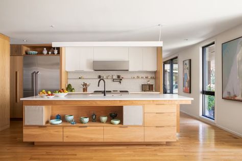 Photo 3 of 14 in A Tennessee Midcentury Topped With a Curious Hat Gets a Reverent Renovation - Dwell Kitchen Sync, Portland Architecture, Open Plan Layout, White Oak Cabinets, Floor Wood, Mansard Roof, Plan Layout, Drop In Sink, Townhouse Designs