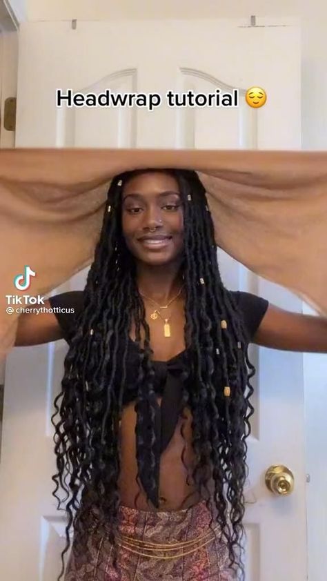 Faux Locs With Scarf Head Wraps, Braid Hair Wrap Styles, Faux Locs Hairstyles With Scarf, Faux Locs Scarf Styles, Scarf Hairstyles Black Braids, Faux Locs Styles With Scarf, Faux Locs Head Wrap, Head Wrap Styles For Long Locs, Box Braid Hairstyles With Scarf