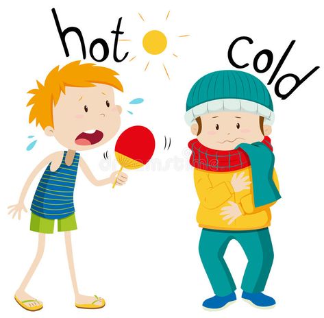 Opposite adjectives hot and cold. Illustration stock illustration Opposites For Kids, Opposites Preschool, Ingles Kids, English Opposite Words, Grammar For Kids, English Activities For Kids, Opposite Words, Learning English For Kids, Flashcards For Kids