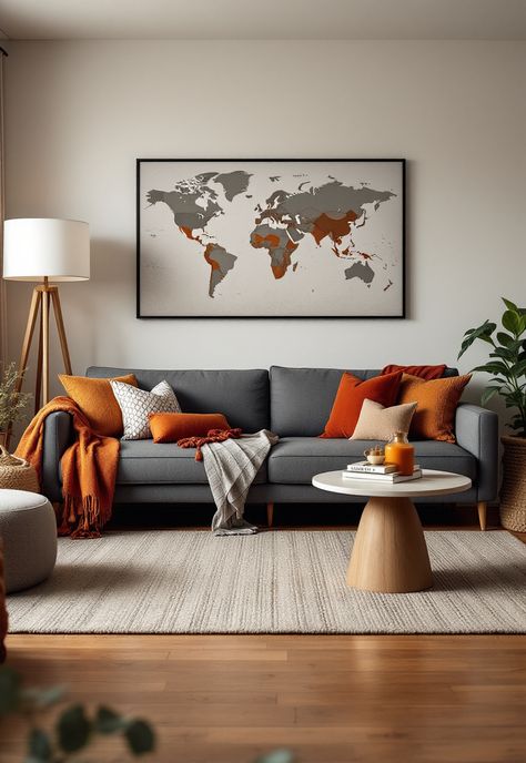 Grey Couch Living Room Light Grey And Orange Living Room, Grey Couch Decor Ideas, Grey And Burnt Orange Living Room, Grey And Orange Living Room, Couch Decor Ideas, Couch With Cushions, Charcoal Couch, Grey Couch Decor, Grey Couch Living Room Ideas