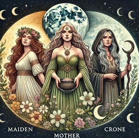 The Maiden The Mother The Crone, Celtic Triple Goddess, Maiden Mother Crone Tattoo, Hecate Goddess Art, Triple Goddess Art, Hekate Art, Hekate Altar, Luna Goddess, Triple Goddess Symbol