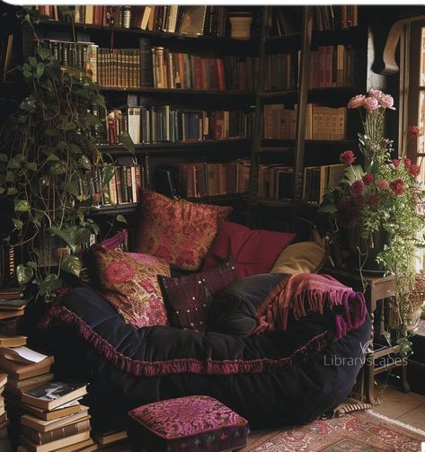 Boho Whimsigoth Living Room, Book Corner Apartment, Maximalist Cozy Decor, Dark Room Decor Aesthetic, Witch Core Living Room, Maximalist Entrance Hall, Cohesive Maximalism, Home Decor Whimsigoth, Dark Romantic Apartment