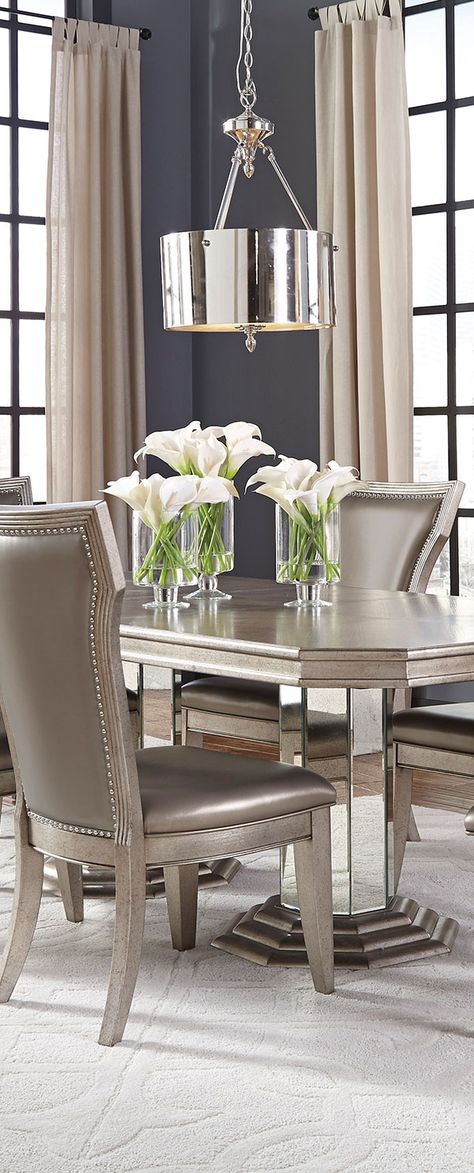 Double Pedestal Dining Table | Modern Glam Modern Lighting Ideas, Modern Glam Decor, Glam Dining Room, Double Pedestal Dining Table, Glamorous Decor, Modern Rooms, Grey Dining Room, Minimalist Dining Room, Chic Bedroom Decor