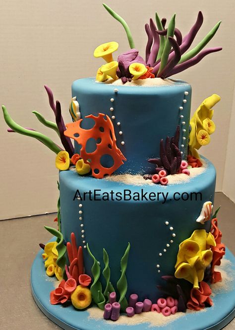 Tropical Fish Birthday Cake, Tropical Fish Cake, Underwater Cakes, Under Sea Cake, Nemo And Dory, Ocean Cake, Fish Cake Birthday, Edible Sand, Underwater Birthday