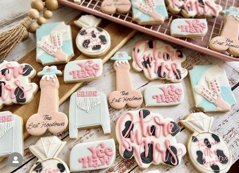 Not Cheesy Bachelorette Shirts, Farm Bachelorette Party Ideas, Last Hoedown Bachelorette Party Cookies, Last Hoedown Cookies, Cowgirl Bridal Shower Cookies, Spicy Bachelorette Party, Last Rodeo Bachelorette Party Cookies, Hen Party Cookies, Cow Bachelorette Party Ideas