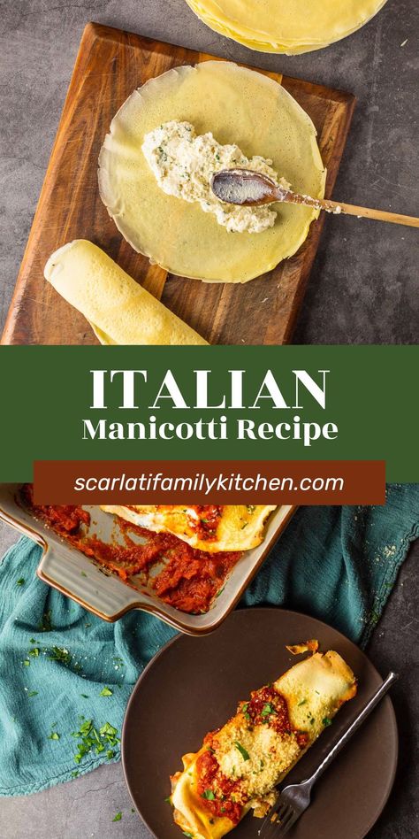 This authentic homemade Italian manicotti recipe is one of the best out there! With manicotti shells made from crepes and a rich ricotta cheese filling, this comforting pasta dish is perfect for Sunday dinner or the holiday season. Manicotti Shells Homemade, Manicotti With Ricotta Cheese, Crepe Manicotti Recipe, Homemade Manicotti Shells, Manicotti Shells Recipe, Manicotti Crepes Recipe, Authentic Italian Manicotti Recipe, Manicotti Filling, Manicotti Crepe Recipe