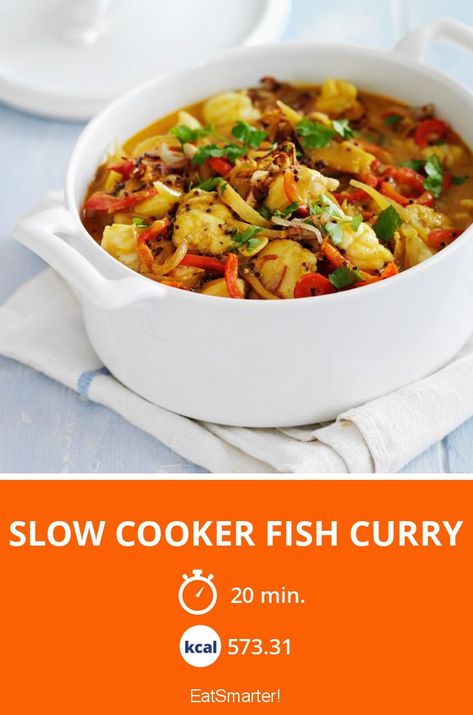 Slow Cooker Fish Curry - smarter - Calories: 573.31 kcal - Ready in: 20 mins | eatsmarter.com Slow Cooker Fish, Slow Cooker Fish Recipes, Fish Stew Recipes, Curry Fish, Slow Cooker Curry, Casserole Dish Set, Fish Curry Recipe, Healthy Delicious Recipes, Healthy Slow Cooker