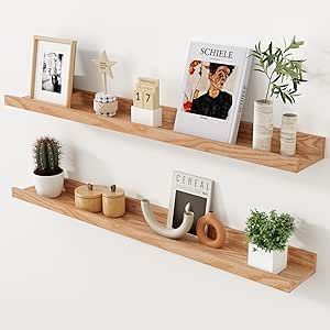 Axeman Oak Floating Shelves 36 Inch Picture Ledge Shelf Set of 2, Solid Wood Shelves with Lip for Wall Decor Storage Bedroom Living Room Bathroom Kitchen, Natural Oak Shelves With Lip, Kitchen Natural, Picture Ledge Shelf, Floating Books, Oak Floating Shelves, Wall Decor Storage, Ledge Shelf, Storage Bedroom, Rustic Floating Shelves