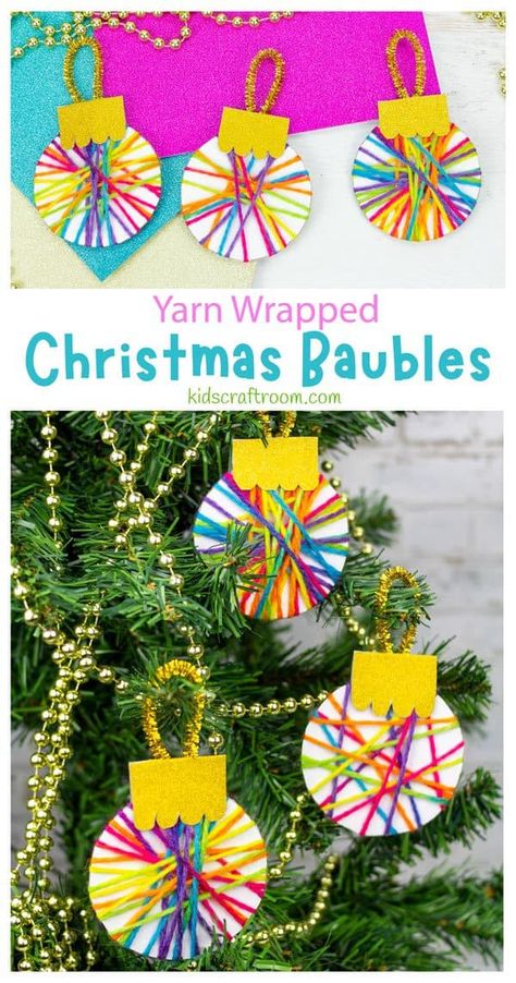 Yarn Wrapped Christmas Baubles, Ornaments For Kindergarteners To Make, Diy Christmas Ornaments Easy Paper, Yarn Wrapped Christmas Ornaments, Wrapping Paper Ornaments Diy, Christmas Tree Ornaments Diy For Kids, December Arts And Crafts For Kids, Kindergarten Christmas Ornaments, Easy Xmas Crafts For Kids