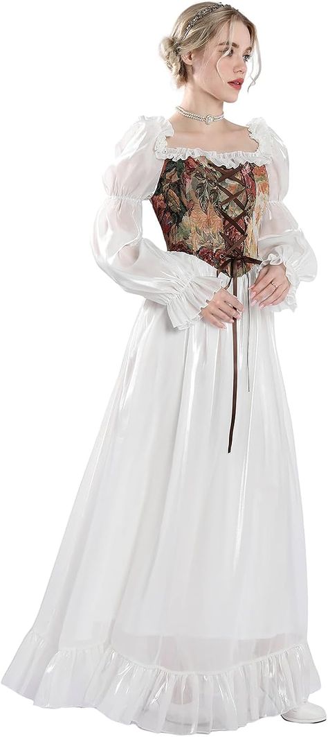 NSPSTT White Renaissance Dress Women Fairy Dress Victorian Medieval Costume Dress To Impress Medieval, Victorian Outfits Women, Medieval Outfit Women, White Medieval Dress, Medival Outfits Women, Regency Ball, Elegant Vintage Dresses, Medieval Outfit, Fair Outfits