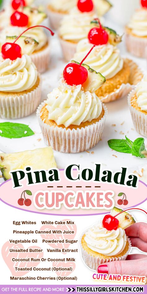 Pina Colada Cake Recipe, Pina Colada Cupcakes, Tropical Cupcakes, Cake Mix Cupcakes, Pina Colada Cake, Boozy Cupcakes, Tropical Desserts, Coconut Cupcakes, Cupcakes Recipe