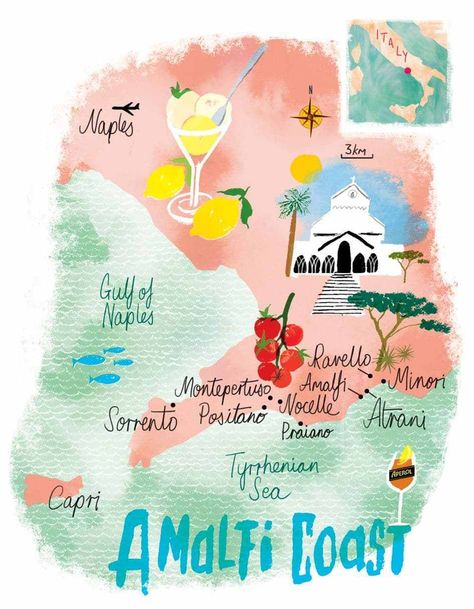 Amalfi Coast map Amalfi Coast Art, Amalfi Coast Map, Amalfi Coast Poster, Amalfi Coast Travel, Capri Island, Italy Honeymoon, Sorrento Italy, Amalfi Coast Italy, Italy Map