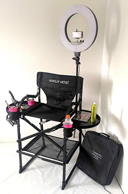 UNIQUE -TuscanyPRO Folding-Compact Makeup Artist Chair (29" SEAT HEIGHT) w/ 18″ LED Ring Light-CHAIR CARRY BAG INCLUDED-BEST COMBO DEAL IN THE INDUSTRY!!! Makeup Chair Ideas, Makeup Artist Room, Office Sanctuary, Makeup Studio Ideas, Makeup Chairs, Makeup Artist Tools, Makeup Artist Chair, Artist Chair, Makeup Studio Decor