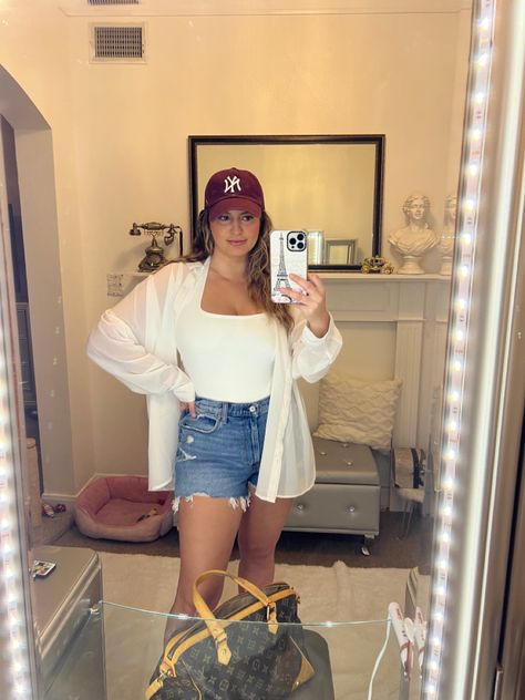 Baseball hat, high waisted shorts, white longsleeve, halter bodysuit Summer Bodysuit Outfit, White Bodysuit Outfit, White Converse Outfits, Converse Outfits, Bodysuit Outfit, Halter Bodysuit, Summer Ootd, Body Suit Outfits, Outfits With Converse