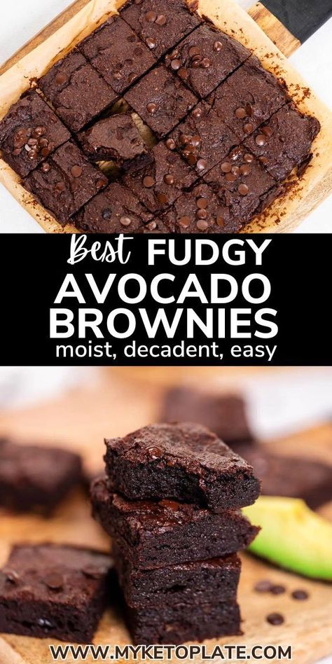 These easy avocado brownies are moist, decadent, and rich in chocolate flavor. Made with gluten-free ingredients, they’re keto-friendly and have just 2 grams of net carbs per square. Fudgy and delicious, these brownies are quick to make in 30 minutes. They’re gluten-free, sugar-free, and low-carb, with no avocado taste. Fudgy Avocado Brownies, 2 Ingredient Brownies Keto, Easy Avocado Brownies, Avocado Brownies Keto, Keto Avocado Recipes, Keto Avocado Brownies, Sugar Free Chocolate Brownies, Cholesterol Friendly Recipes, Chocolate Avocado Brownies