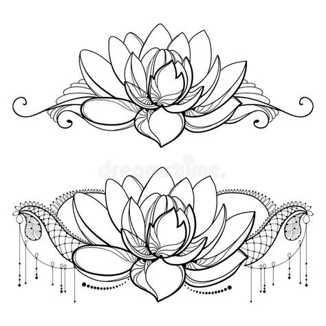 Vector drawing with outline Lotus flower, decorative lace and swirls in black. Isolated on white background. Floral horizontal composition with ornate lotus in stock illustration Lotus Flower Henna, Flower Outline Tattoo, Lotus Flower Outline, Lotus Flower Drawing, Lotus Drawing, Japanese Lotus, Lotus Flower Tattoo Design, Lotus Tattoo Design, White Lotus Flower