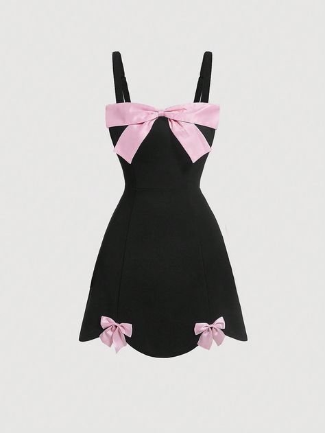 SHEIN MOD Women's Cute Black Dress With Large Color-Block Bow And Asymmetrical Hem,Pink Bow Front Curved Hem Black Dress,Kentucky Derby DressI discovered amazing products on SHEIN.com, come check them out! Black Dress With Pink Bow, Black Pink Dress Outfit, Black And Pink Dresses, Black Kids Dress, Black And Pink Outfit, Pink And Black Outfit, Black Dress With Bow, Kentucky Derby Dress, Housewife Dress