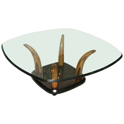 For Sale on 1stdibs - Striking tiger wood coffee table with beveled glass top supported by four wood horns. Brass Cocktail Table, Chrome And Brass, Tiger Wood, Neo Victorian, Brass Coffee Table, Danish Furniture, Tiger Woods, Wood Coffee Table, Golf Fashion