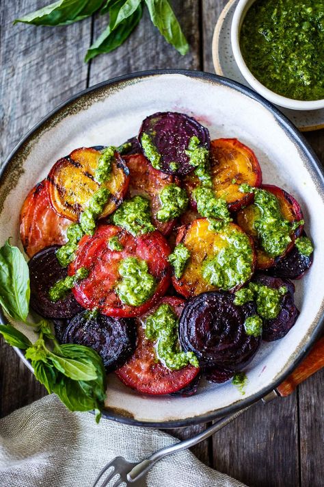 These Grilled Beets are perfectly tender with a rich caramelized flavor.  Top with pesto for over-the-top deliciousness.  Perfect as a side dish, or add to salads, toasts and bowls. Grilled Beets, Beet Soup Recipes, Borscht Recipe, Feasting At Home, Beet Salad Recipes, Beet Soup, Fresh Beets, Feta Recipes, Beet Recipes