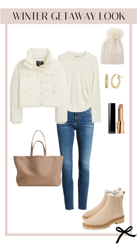 If you’re headed to the mountains, this would be a great outfit to pack. Cropped puffer jackets are on trend this season and I love this winter white color. The boots will keep your feet warm and dry if you’re walking around exploring. This large tote is a great travel bag to keep all your essentials in, whether you’re taking a plane, train, or car to your destination. This white puffy jacket and fur lined boots from J. crew are perfect for a casual winter look! Off White Puffer Vest Outfit, Cream Puffer Coat Outfit, White Puffy Jacket Outfit, White Puffer Coat Outfit, White Puffer Vest Outfit, Cropped Puffer Jacket Outfit, White Puffer Jacket Outfit, Puffy Jacket Outfit, Winter Outfits Holiday