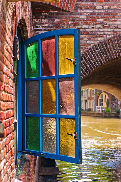 Colorful window We were down at the level of the water in the channel, and I noticed this pretty window in Utrecht. So I had to take a picture of it! :) Architecture Art Nouveau, Utrecht Netherlands, An Open Window, Beautiful Windows, Window View, Open Window, Through The Window, Utrecht, Stained Glass Windows