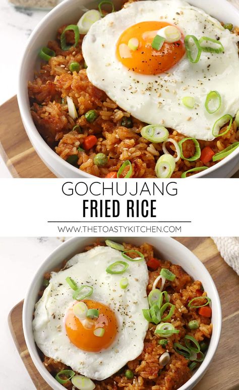 Gochujang fried rice recipe by The Toasty Kitchen. Gochujang fried rice is a simple weeknight meal to make with leftover cooked rice and veggies. This Korean fried rice dish is seasoned with a spicy gochujang sauce and topped with a sunny-side-up egg. #gochujangfriedrice #friedrice #weeknightmeals #comfortfood #simplemeals Korean Hamburger And Rice, Lunch Recipes Korean, Bulgogi Fried Rice Recipe, Korean Chicken Fried Rice, Healthy Rice Lunch, Gochujang Recipe Dishes Vegetarian, Hayashi Rice Japanese Style, Kim Chee Fried Rice Hawaii, Healthy Gochujang Recipes