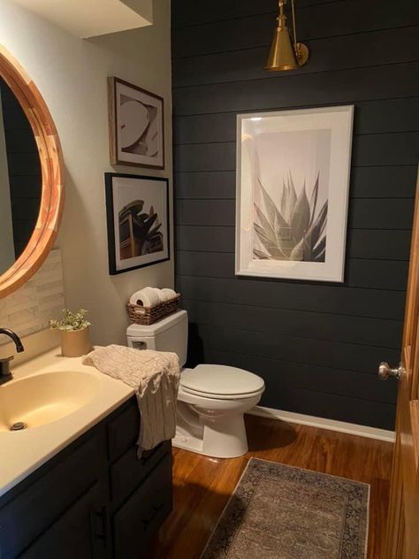 Black Evergreen Bathroom, Dark Wall Half Bath, Update Small Bathroom On A Budget, Black Shiplap Powder Room, Half Bath Design Ideas Modern, Charcoal Gray Bathroom Walls, Dark Bathroom Floor Ideas, Dark Colored Bathrooms, Black Half Bathroom Ideas