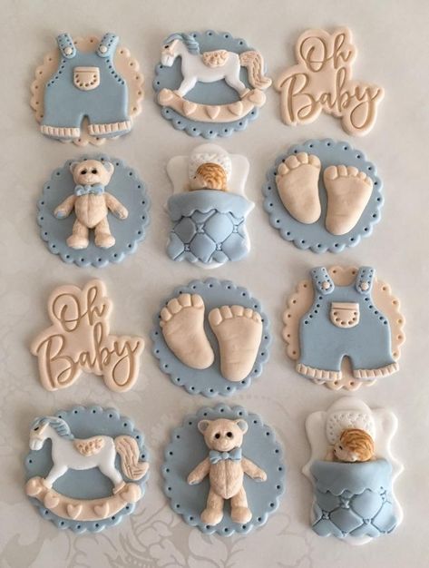 Cupcakes With Fondant Decorations, Baby Boy Shower Cupcake Ideas, Cupcakes For Baby Shower Boy, Cupcake Baby Shower Boy, Baby Boy Cakes For Baby Shower Blue, Baby Boy Cupcake Ideas, Bear Baby Shower Cupcakes, Teddy Bear Baby Shower Cupcakes, Baby Shower Cupcakes Boy