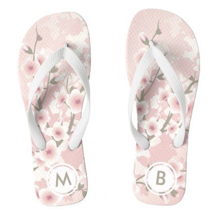 #Vintage Floral Pastel Cherry Blossoms Monogram Flip Flops - #floral #gifts #flower #flowers Printed Flip Flops, Floral Sandals, Bridal Fashion Jewelry, Retro Ideas, Monogram Styles, Pastel Floral, Pink Blush, Monogram Gifts, Sandals Flip Flops