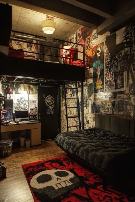 Net Hammock In Bedroom, Grunge Punk Room, Emo Dorm Room, Scary Bedroom, Emo Room Ideas, Emo Room Decor, Emo Bedroom, Emo Room, Punk Room