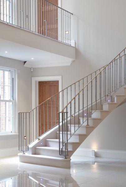 22. Steel supported moleanos stone cantilever stair with stainless steel balustrade and brass handrail – Hertfordshire Steel Handrail Design, Brass Handrail, Stairs Decoration, Stainless Steel Balustrade, Staircase Styles, Villa Ideas, Cantilever Stairs, Amazing Interiors, Steel Balustrade