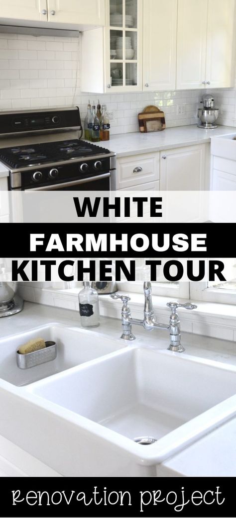 Collage of white farmhouse kitchen at top and farmhouse sink at bottom. White Farmhouse Kitchen, Old Farmhouse Kitchen, Farmhouse Kitchen Remodel, White Farmhouse, Old Farmhouse, Renovation Project, Inspired Homes, Farmhouse Kitchen, New Kitchen