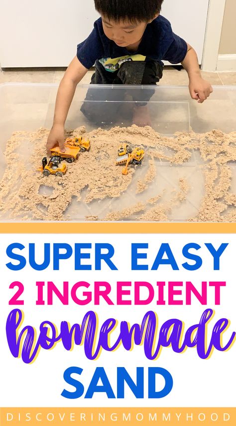 Homemade sand makes such an easy sensory bin idea that kept my 3 year-old occupied for a good 30 minutes. Play with construction vehicles or beach toys! #activityfortoddlers #activityforpreschoolers #homemadesand #sensorybin #sandbox #diy Easy Sensory Bin, Homemade Sand, Hospital Bag Essentials, Toddler Education, Screen Free Activities, Preschool Education, 2 Ingredient, Sensory Bin, Beach Toys