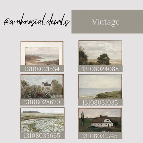 Modern Farmhouse Picture Codes Bloxburg, Bloxburg Decal Id Numbers For Aesthetic Pictures, Ambrosial Decals Bloxburg, Bloxburg Picture Codes Long Ways, Bloxburg Artwork Decals, Painting Decals Berry Ave, Photos For Bloxburg Codes, Vintage Painting Bloxburg Code, Western Decal Codes Bloxburg