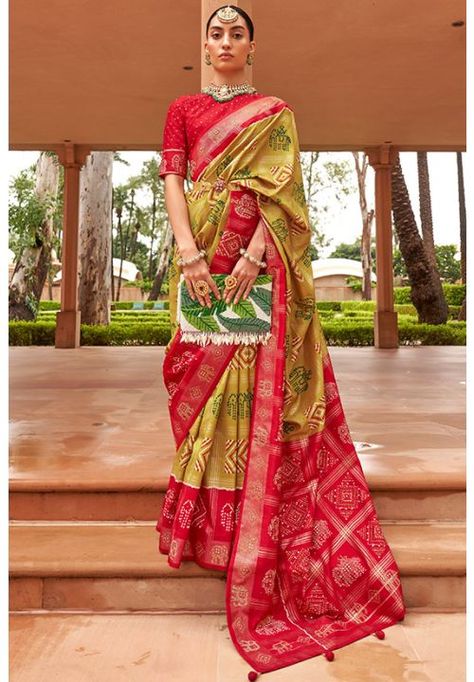 Mustard Green Embellished Patola Silk Saree Patola Silk Saree, Orange Saree, Patola Saree, Salwar Dress, Dress Salwar Kameez, Lehenga Choli Online, Lehenga Collection, Wedding Saree Indian, Trendy Sarees