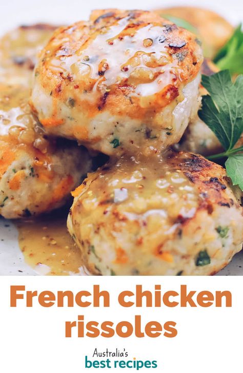 Here’s an easy meal the whole family will enjoy that’s packed with flavour and so easy to make. You’ll have these chicken rissoles on the table less than half an hour after walking in the door. #rissoles #chickenrecipes #dinner #dinnerideas #australia #australian #australianrecipes Turkey Rissoles, Chicken Rissoles, Rissoles Recipe, Chicken French, French Chicken, Mince Recipes, Recipes Keto, Chicken Dishes Recipes, Lettuce Wraps