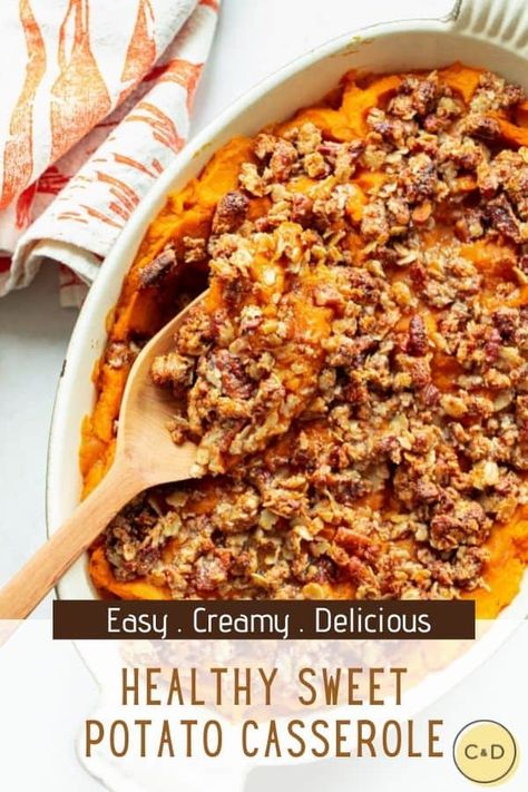 Incredibly delicious, healthy sweet potato casserole with a crunchy pecan crumble topping is a lightened up version of the classic. It's the perfect side dish for your holiday meals! This recipe can easily be made vegan and gluten free too! Pecan Crumble Topping, Healthy Sweet Potato Casserole, Mashed Sweet Potatoes Healthy, Sweet Potato Casserole Healthy, Pecan Crumble, Traditional Holiday Recipes, Sweet Potato Recipes Healthy, Sweet Potato Thanksgiving, Healthy Sweet Potato