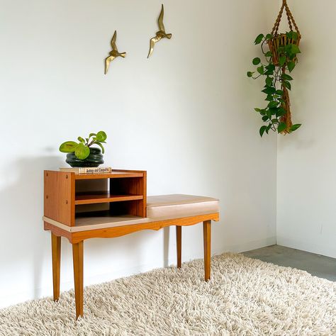 Vintage telephone table with beige vinyl seat and cute AF little wooden skirt around the base. Vintage Telephone Table, Phone Table, Vintage Phone, Telephone Table, Timber Veneer, Vintage Phones, Vintage Telephone, Table Vintage, Furniture Restoration