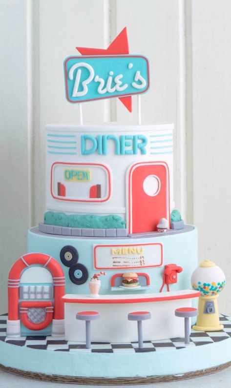 Diner Cake Diner Cake, 50s Theme Parties, Teenager Party, Diner Party, Cake Studio, Gateaux Cake, Specialty Cakes, Unique Cakes, Novelty Cakes