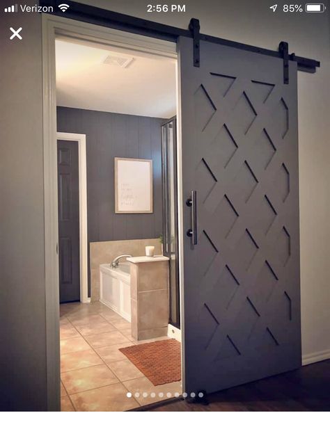 Bathroom Barn Door Ideas Master Bath, Bathroom Barn Door Ideas, Barn Sliding Doors, Diy Wood Desk, Making Barn Doors, Bathroom Barn Door, Door Dividers, Modern Home Offices, Baths Interior